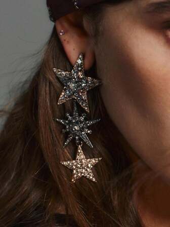 Pendientes Bright Star de ZAA, pendientes de aleación con diamantes completos súper brillantes en forma de estrella de cinco puntas, pendientes elegantes de estilo largo con borlas en forma de estrella, joyería para mujeres, accesorios para mujeres