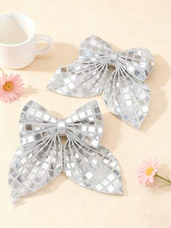 2pcs Silver, Gold, Red Sequin Bow Hairclips, Sexy Headpiece, 3D Colorful Hair Accessories Suitable For Party And Daily Wear
