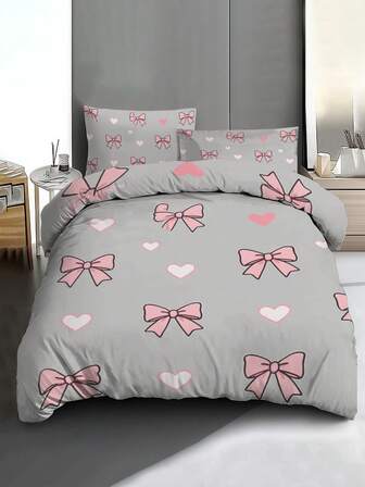 3 piezas Juego de ropa de cama con fondo gris minimalista, corazón en forma de lazo rosa y dibujos animados frescos; adecuado para adolescentes y adultos, proporciona calor durante todo el año, suave y transpirable, cubierta de cama ligera. Adecuado para regalar en inauguraciones de casa, cumpleaños, festivales, etc., así como un regalo entre novios y novias.