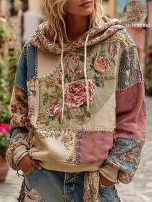 Women's 3D Printed Retro Bohemian Style Hoodie, Patchwork Design, Floral Pattern, Loose Fit, Warm, Suitable For Daily Street Wear, Suitable For Spring, Autumn, And Winter Seasons - 風格 - 查看 2