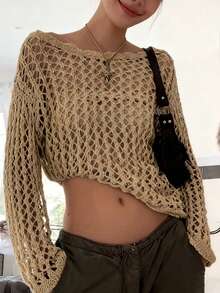 Women Loose Hollow-Out Lace Casual Beach Cover Up - Khaki - View 3