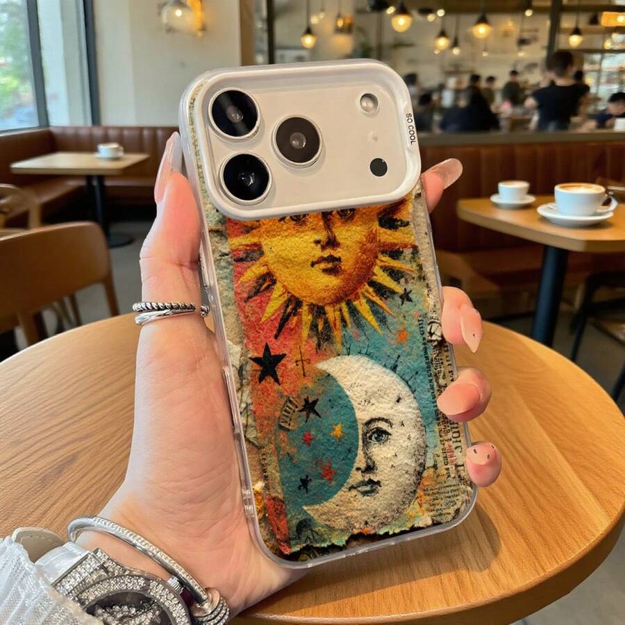 Funda de Teléfono Transparente Diseño de Arte de Sol y Luna para iPhone 14 13 12 11 Pro Max y Galaxy S23 S22 S21 S20 Regalo Ideal para Todas las Estaciones - Plateado - Ver 1