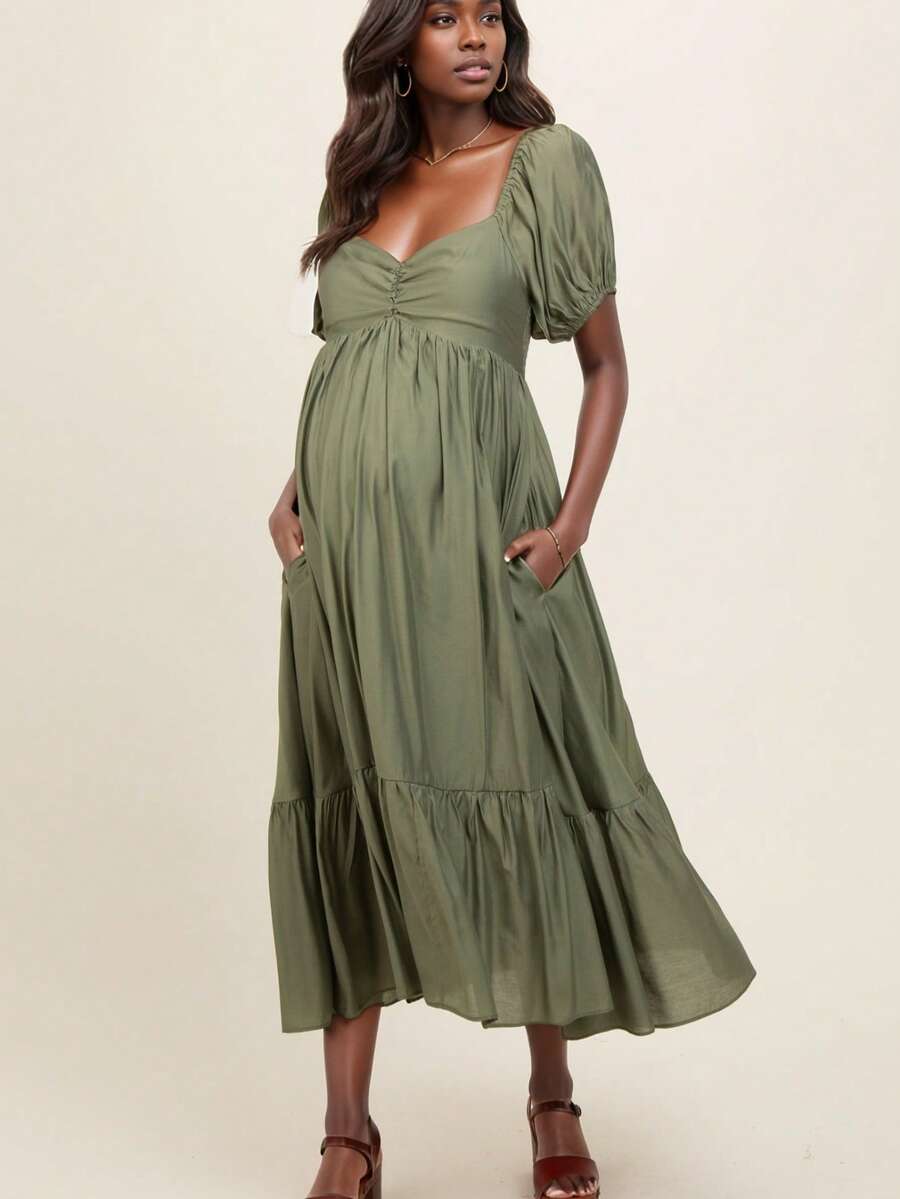 Pregnant Women's Solid Color Elegant Casual Cute Knotted Ruffle Hem Formal Evening Party Vacation Dress, Spring/Summer - Green - View 1