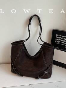 low tea 1 pièce Sac fourre-tout en PU de couleur unie basse, sac fourre-tout de mode rétro à une épaule pour femmes, design à double poignée supérieure, fermeture éclair, convient pour les voyages, les achats, les sorties, les cadeaux pour femmes, très adapté pour les déplacements, les activités extérieures, les voyages, la randonnée, les sorties (avec pendentif)