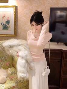 New Arrival Casual Loose Fit Cowl Neck Soft Wool Knit Sweater Top - Pink - View 3