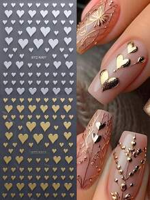 2 miếng dán móng tay hình trái tim bằng kim loại sáng bóng, hình trái tim màu vàng và bạc, decal móng tay cho ngày Valentine, móng tay cưới, trang trí móng tay kiểu Pháp tự làm. - Nhiều màu - Xem 2