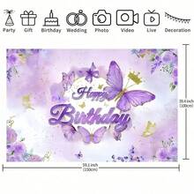 1pc Fairy Princess Purple Butterfly With Crown Birthday Background Banners - Celebrations And Parties, Photographic Backgrounds For Showers, Polyester Banner Decorations, Home Decor, Room Decor, Wall Decor, Party Background Decorations, Party Decorations/Supplies/Gifts - Multicolor - View 5