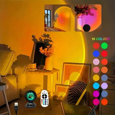 Mini Creative Sunset Light, USB Plug-In Light, Button Adjustable Lighting Color, 16 Colors, Holiday Decor, Office Desk Accessory, Wall Decor, Party, Christmas, New Year Perfect Gift