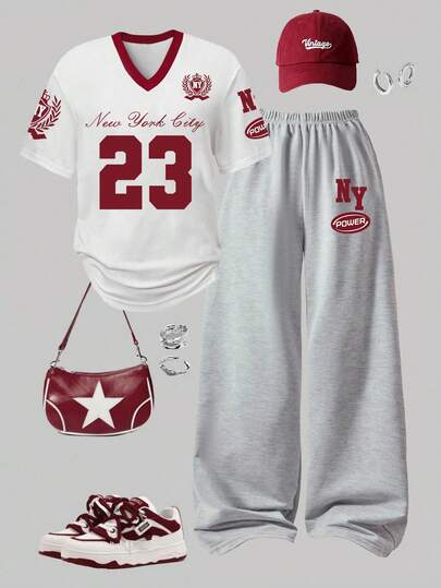 少女字母印花V领短袖T恤和阔腿裤休闲套装