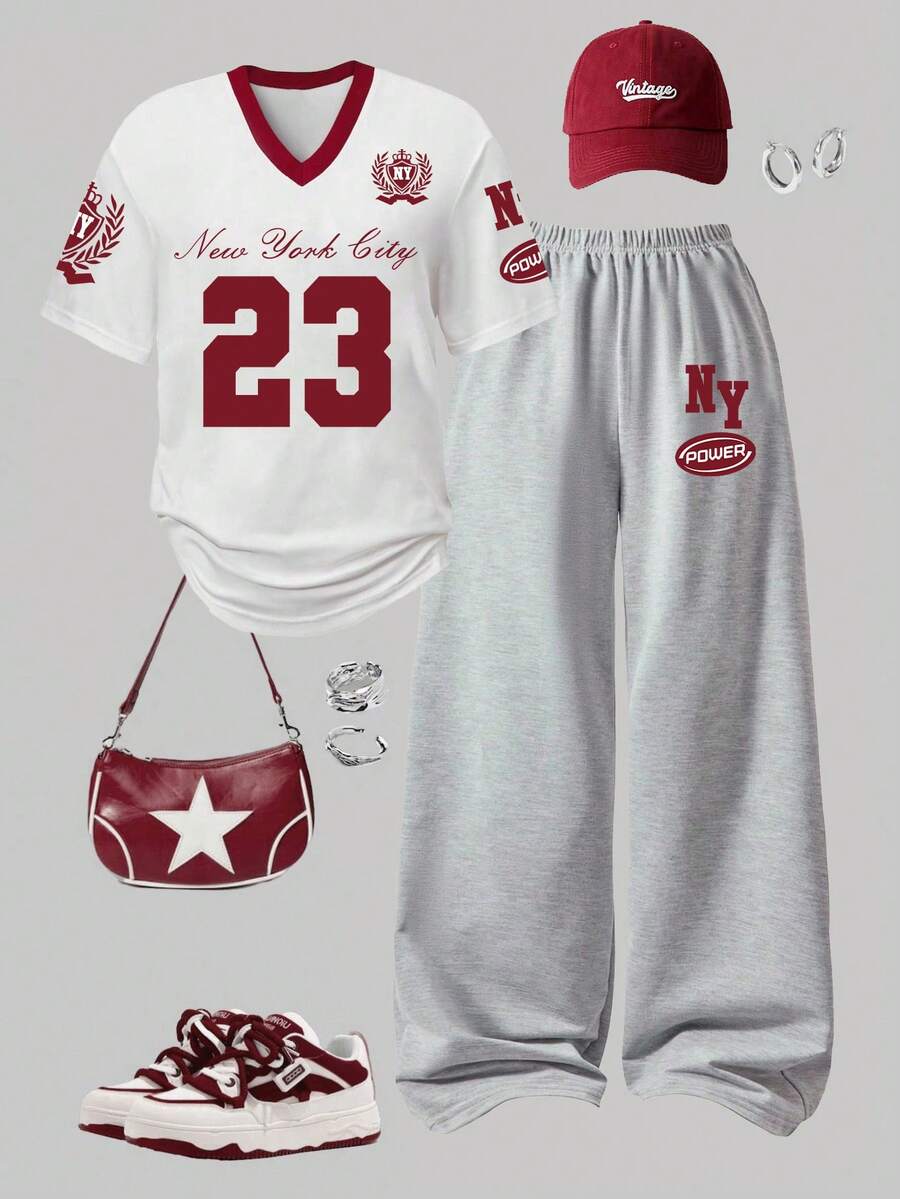 少女字母印花V领短袖T恤和阔腿裤休闲套装 - 白色 - 查看 1