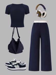 Tween Girls' Numeric Print Asymmetric Shoulder Short Sleeve Top And Pants Set - Royal Blue - View 2