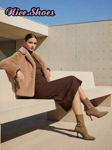 2025新款女士尖头修身踝靴，优雅踝靴，简约时尚显瘦舒适高跟靴，百搭各种服饰，现有黑色、米色、酒红色、红色、紫红色可选。 - 卡其色 - 查看 5