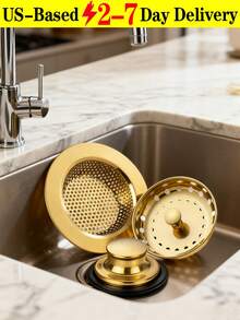 [US-Based Shipping]Three-Piece Kitchen Sink Drain Strainer Set, Stainless Steel Handle Garbage Disposal Plug, Universal Anti-Clog Kitchen Sink Strainer Basket, Kitchen Sink Drain Strainer Set, Universal Anti-Clog Stainless Steel Handle Garbage Disposal Plug, Perforated Strainer Basket, Fits Standard 3.5-Inch Drain Opening  Kitchen Sink Accessories, Garbage Disposal, Splash Guard, 3.4-Inch Sink Drain Strainer And Plug  Kitchen Drain Strainer, Stainless Steel Sink Accessories, Sink Drain Plug, Drain Cover, Stainless Steel Garbage Disposal Plug (Gold) - 彩色 - 查看 10