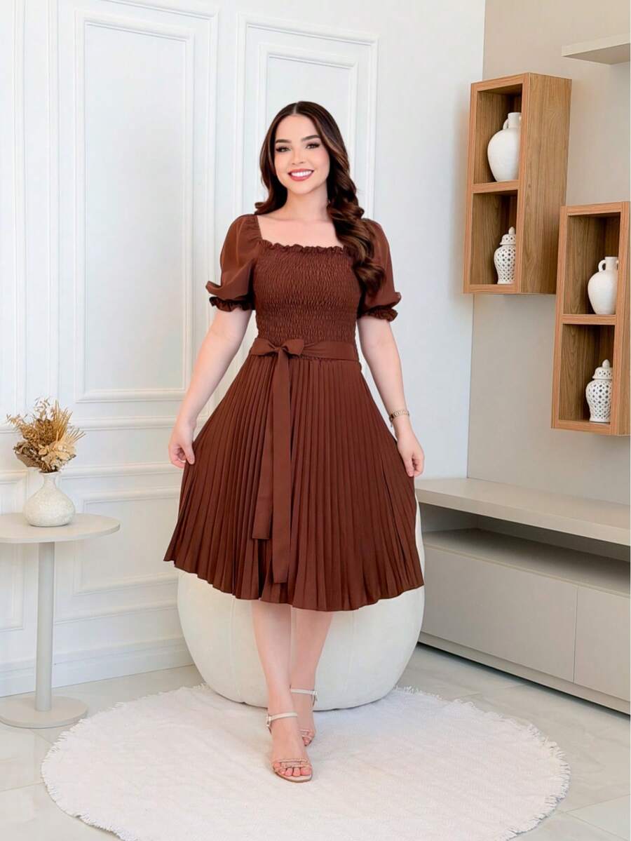 Pleated Midi Dress With Elastic Waistband - marrom - 查看 1