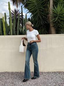 Livesso Jeans de pierna acampanada casual con bolsillo sesgado y bajo con abertura - Azul - Ver 4