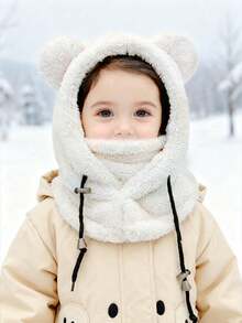 儿童抓绒拉法帽 - 可调节抽绳，多种柔和颜色可选，适合户外冬季保暖、防风防寒（滑雪、上学、雪上游戏） - 小熊耳朵一體帽 - 查看 6