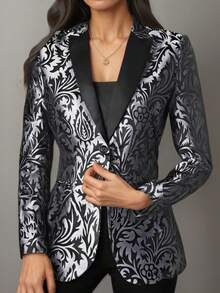 Women's Elegant Floral Print Black Lapel Collar Long Sleeve Blazer Jacket, Suitable For Commuting, Spring/Autumn - Black - View 2