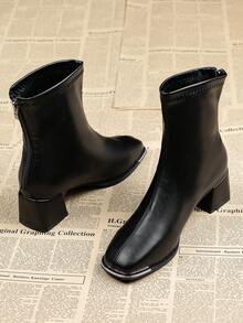 2025秋冬新款优雅女鞋，方头粗跟踝靴，时尚踝靴，多功能英伦风中跟踝靴，金属鞋头设计，后拉链，优雅女士黑色高跟踝靴 - 黑色 - 查看 2