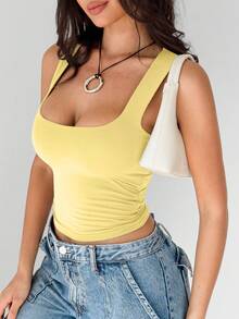 Damen einfarbiges Top mit doppeltem Rüschenbesatz, quadratischem Ausschnitt, cremig-gelb, vielseitig einsetzbar, Sommer - Gelb - Übersicht 6