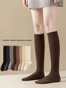 1 Pair Women's Cotton Solid Color Ribbed Knee High Socks, Fashionable Minimalist School Style - Multicolor - View 4
