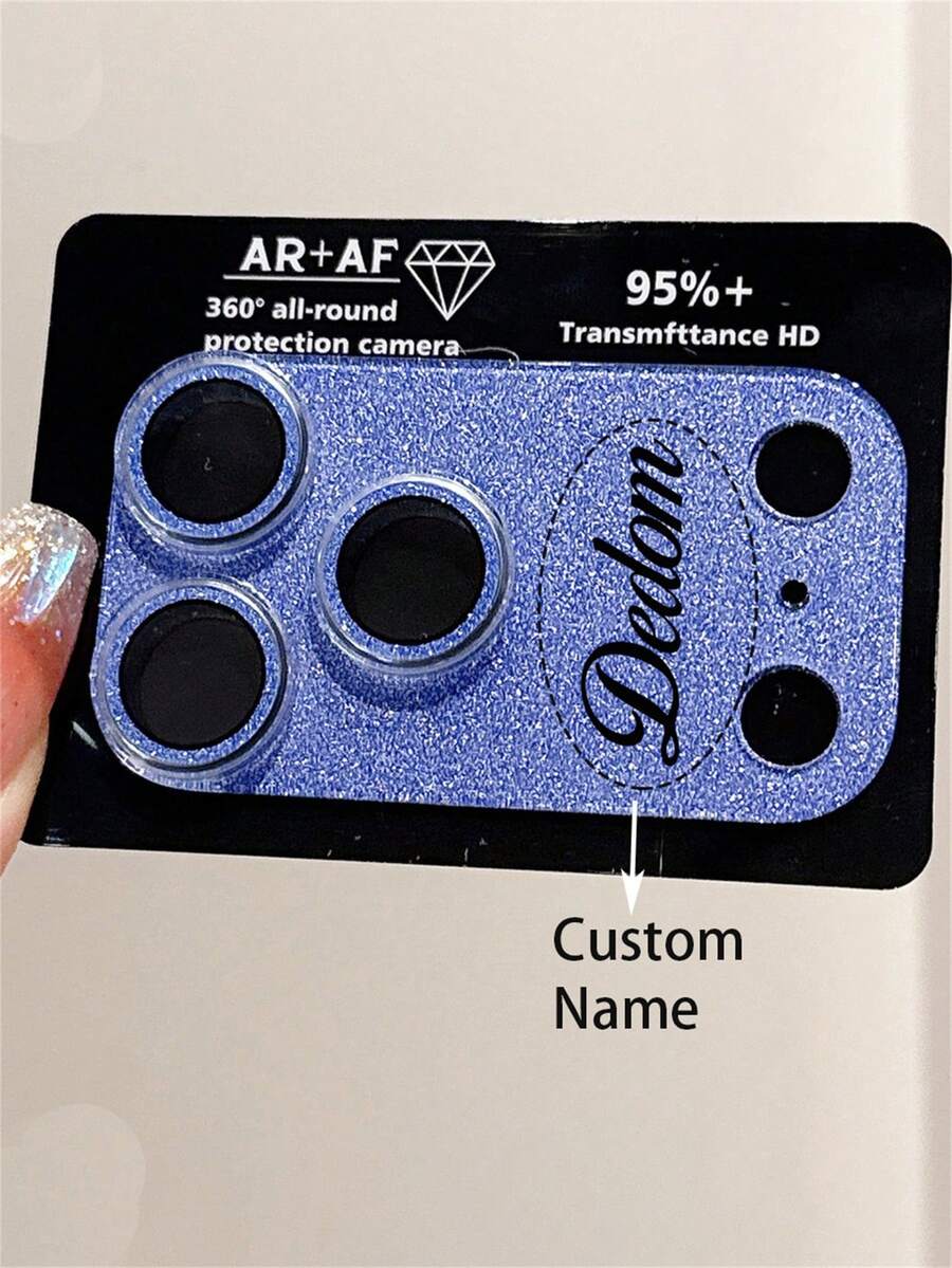 [Customized] Personalized Customized Letters Engraving Name Glitter Mobile Phone Lens Protective Pad Case Compatible With IPhone 17 Pro 17 Pro Max Prevent Scratches Shockproof Protective Cover - Blue - View 1