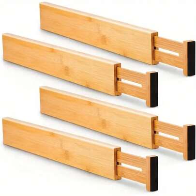4pcs Adjustable Bamboo Drawer Dividers, Spring-Loaded Storage Organizers, Expandable Drawer Separators, Suitable For Kitchen, Vanity, Bathroom, Bedroom, Desk, Home And Office Drawer Storage And Organization, Ideal For Underwear, Socks And Other Household Items, Space-Saving And Tidy