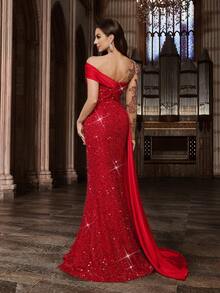 Đầm dạ hội đính sequin lộng lẫy dành cho nữ, được trang trí bằng những họa tiết tinh tế, kiểu dáng cao cấp, phù hợp cho các bữa tiệc tối sang trọng, dạ hội lớn, tiệc sinh nhật, lễ kỷ niệm, v.v. Đầm maxi dài tay xẻ tà, màu trơn, lệch vai, cổ áo bất đối xứng. - Đỏ - Xem 3