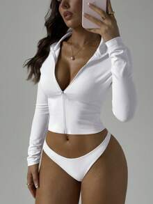 Mystra Casual Solid Color Knit Slim Fit Women Lightweight Jacket, Everyday Wear - White - View 2