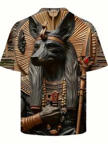 Polyester Blend Egyptian Fox God 3D Printed Men's T-Shirt - Casual Style, Round Neckline, Regular Fit, Animal Pattern - Mixed Colors - View 6