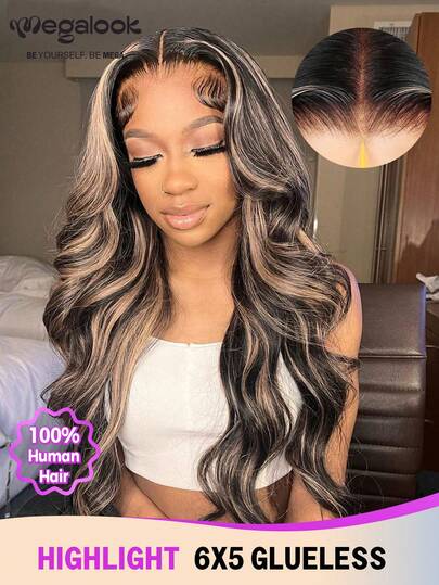 MEGALOOK 6x5 Ombre Highlight Lace Wave Curly Wig, Transparent Lace Closure, No Glue Wig, Human Hair, Breathable Lightweight Cap, Pre-Plucked, Fine Knots, Colored Wig - No Adhesive, All-Day Comfort, Natural Hairline, Invisible Wig, Daily Wear, Office, Party, Y2K , Vacation, Sunday Best, Cosplay, School, Holiday, Christmas, Back To School, Wedding, Halloween, Date Night, Glamorous Wig, Women