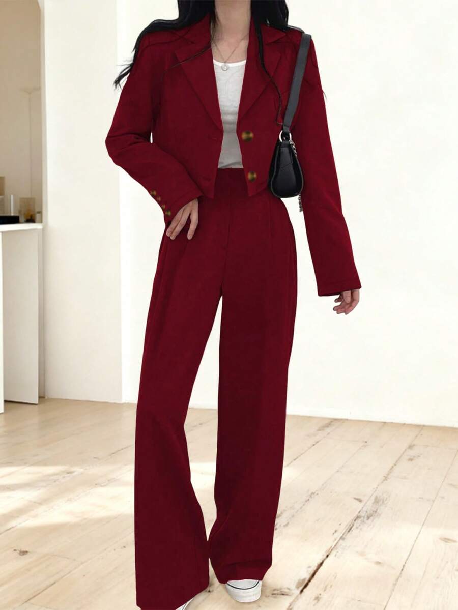 女式轻盈时尚休闲通勤纯色短款长袖西装外套和裤子两件套