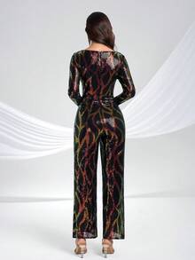 YISIKADO Bộ jumpsuit nữ thanh lịch đính sequin cổ chữ V sâu tay dài lấp lánh, thích hợp dự tiệc, đi club, lễ hội. - Nhiều màu - Xem 3