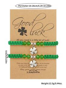 2件套圣帕特里克节绿色幸运四叶草编织手链套装，女士时尚手工编织友谊手链饰品配饰派对礼物 - 綠色 - 查看 8