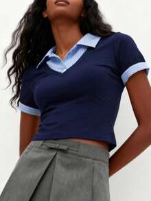 Damen Lässiges Kontrast-Farbiges Knopf-Top, Layering-Piece für Herbst/Winter - marineblau - Übersicht 1