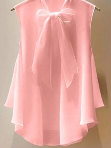 女士纯色时尚优雅休闲前短后长蝴蝶结领无袖上衣，夏季 - 西瓜粉 - 查看 4