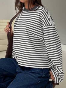 Women's Round Neck Drop Shoulder Long Sleeve Striped Contrast Ribbed Casual T-Shirt - White Grey - View 4
