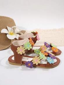 1双儿童夏季女童平底凉鞋，满是向日葵图案，乡村风格，适合日常生活、海滩度假和旅行。 - 彩色 - 查看 6