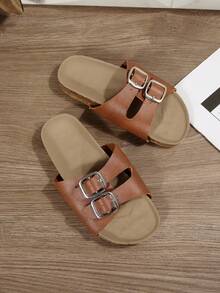 A Pair Of Children's Sandals, 2026 Summer New Style, Fashionable And Versatile, Round-Toed Flat, Anti-Slip, Black, White, Brown, Gold, Orange, Double-Breasted, Beach Outerwear Sandals - Brown - View 6