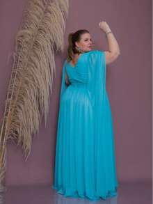Women's Plus Size Elegant Long Party Dress, Extra Large, With Cape Sleeves, V-Neck, Formal Style For Weddings, Graduations, And Special Events, Ruffled Detail, Zipper, Formal And Evening Wear. - 淺藍色 - 查看 4