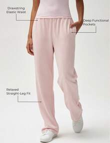 RRIVE Women's Pink High Waisted Wide Leg Sweatpants Drawstring Baggy Lounge Pants Comfy Soft Cotton Casual Trousers With Pockets - 藕粉色 - 查看 7