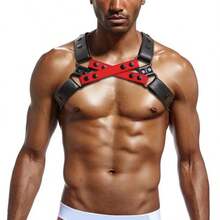 Punk Leather Tactical Shoulder Straps, Adjustable Sexy Harness Straps For Men, Bondage Tight-Fitting Criss-Cross Studded Suspenders, Suitable For Thanksgiving, Valentine's Day, Christmas Costume Play Props, Multi-Scene Applicable - Black and Red - View 7