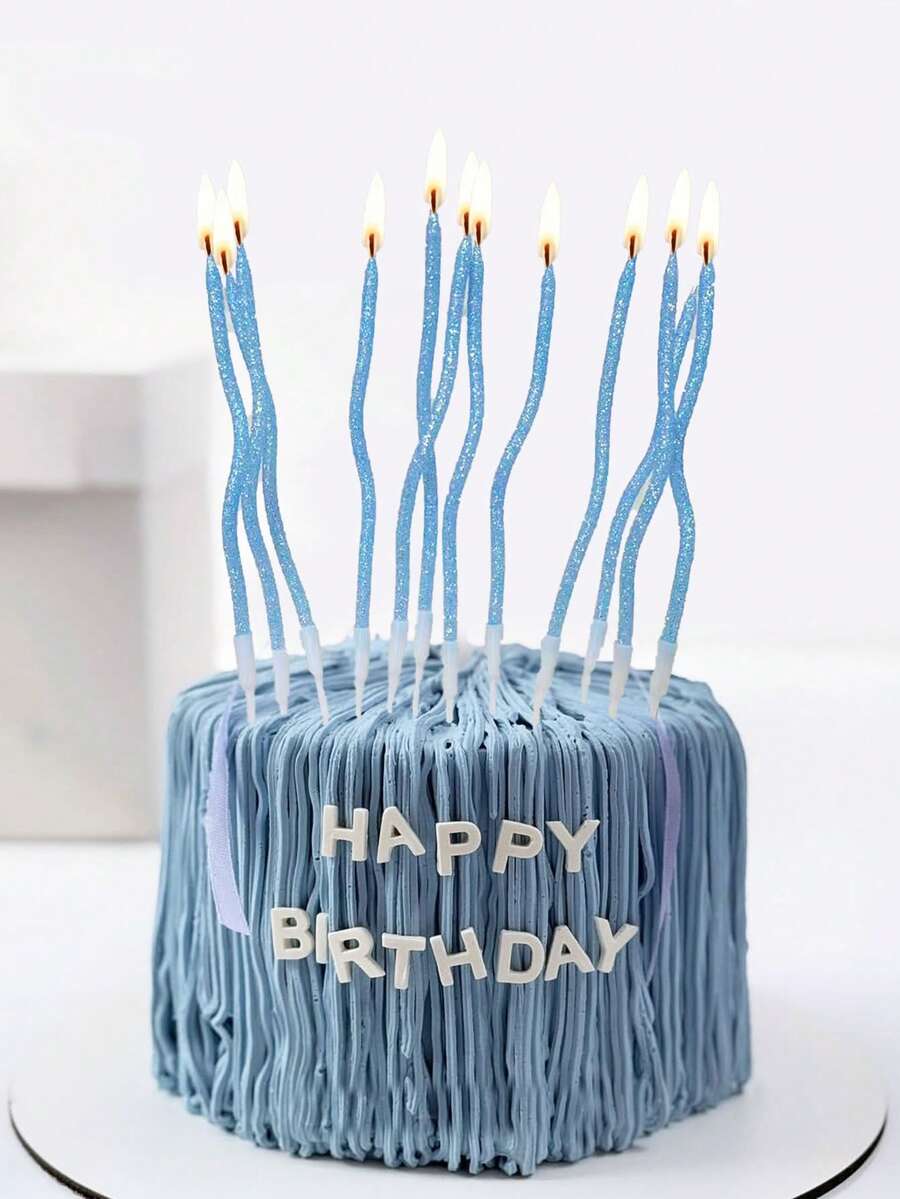 12支糖果色蓝色闪光弧形生日周年纪念情人节求婚公主派对蛋糕装饰蜡烛