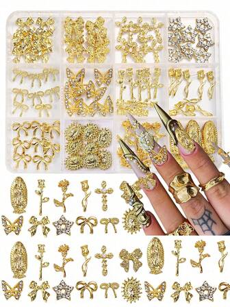 96pcs/Box Charming Y2K Style Gold Alloy Bow, Rose, Tulip, Rhinestone, Pentagram, Cross, Religious Portrait Nail Art Decorations Set, Luxury Religious Style Glitter 3D Nail Accessories, Japanese Nail Supplies, Odorless DIY Fake Nails, Phone Case Decor, Nail Jewelry, Nail Gems, Nail Art Supplies, Rhinestones And Decorative Gifts