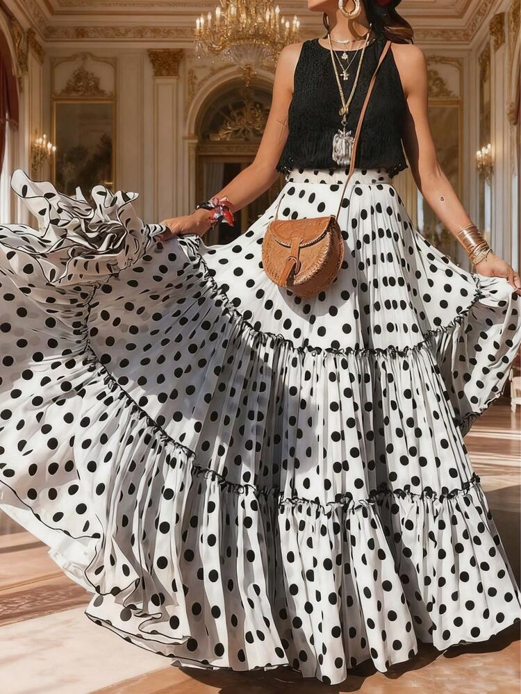 Falda elegante y romántica con contraste de lunares en capas para vacaciones de mujer - Blanco - Ver 1