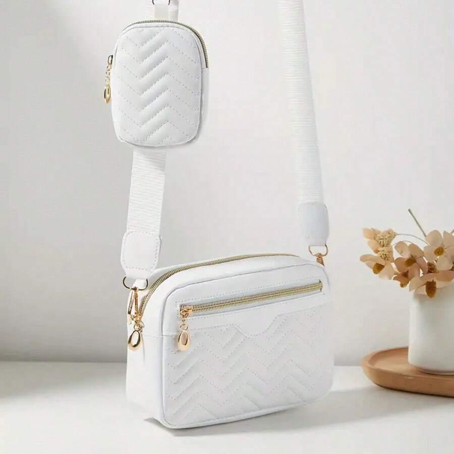 Women's Small Square Shoulder Bag, Quilted Diamond Pattern Crossbody Bag, Mini Pouch Wallet - Beige - View 1