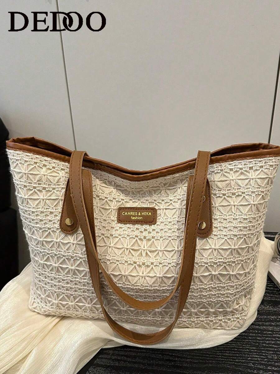 Dedoo Túi đeo vai dệt phong cách Âu Mỹ dành cho nữ dung tích lớn, túi đeo chéo mùa hè, túi tote thời trang nhiều màu sắc cho bãi biển, mua sắm, dã ngoại thường ngày - màu nâu - Xem 1
