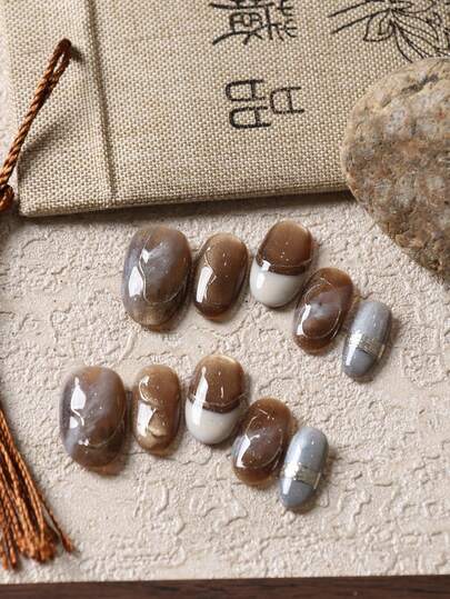 10pcs Acrylic Press-On Nails, Brown Nails, Cat Eye Blue Light False Nails, Short Length, Suitable For Office & Daily Wear, Artificial Nail Kit Includes 1 Adhesive Sticker Sheet & 1 Mini Nail File.