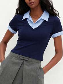 Damen Lässiges Kontrast-Farbiges Knopf-Top, Layering-Piece für Herbst/Winter - marineblau - Übersicht 4