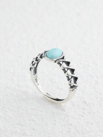 Vintage Sterling 925 Silver Ring Adjustable Birthstone Turquoise Stone Gem 7x5mm Oval Gemstone Woven Braid Open Bands March/January/July Energy Crystal Jewelry Boho Gift