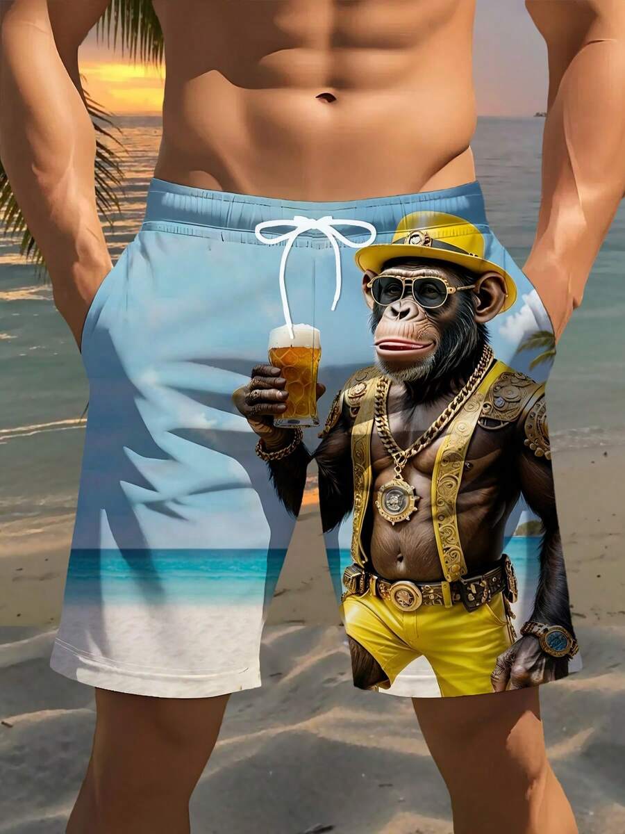 2025 New Men's 3D Beer Chimpanzee Print Beach Shorts - Lightweight Polyester Drawstring Waist Casual Swim Trunks For Summer, Pool, Golf, Fishing & Outdoor Activities, Bathing Suit, Playful Design, Comfortable Fit - 樣式1 - 查看 1